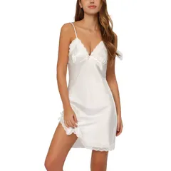 アレグラ ケー レディース アンダーウェア ナイトウェア ミニ サテン ALLEGRA K Womensatinightgown Summer Camini Spaghetti Lingerie Dress White ホワイト
