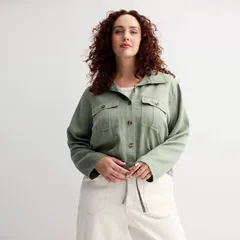 ソノマ レディース アウター ジャケット・ブルゾン プラスサイズ クロップド Plusize Sonoma Goods For Life Cropped Summer Button Front Jacket Madri Green グリーン
