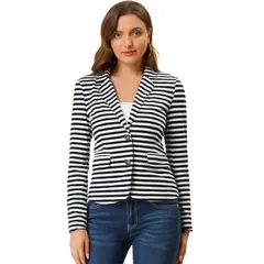 アレグラ ケー レディース アウター ジャケット・ブルゾン ブレザー ALLEGRA K Womens Notched Lapelong Sleeves Button Striped Blazer W