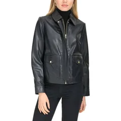 コールハーン レディース アウター ジャケット・ブルゾン レザー Cole Haan Womens Lambskin Trucker Leather Jacket Black ブラックのサムネイル