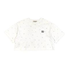 MIU MIU ミュウミュウ 22年 ラインストーン ロゴ クロップド Tシャツ 