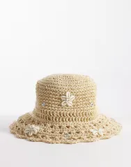 リバーアイランド レディース アクセサリー 帽子 刺繍 River Island embroidered straw bucket hat with faux shell trim BEIGE ベージュ
