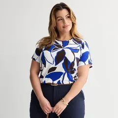 ナインウェスト レディース トップス Tシャツ クルーネック プラスサイズ Plusize Nine West Essential Crewneck Tee Blue Leafy Tropics ブルのサムネイル