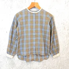 and myera アンドマイラ シャツ ノーカラー ブラウス クレリックブラウス  チェック柄 長袖 ブルー Sサイズ 〇□☆のサムネイル