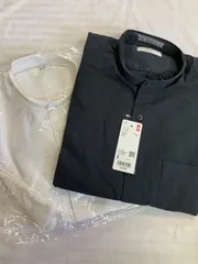 UNIQLO コットンリネンスタンドカラーシャツ シャツ 長袖  ブラック ホワイト ２枚セット