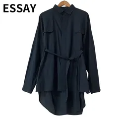 【美品】ESSAY エッセイ ベルト付き ビッグシャツ ロングシャツ ネイビー 2 / Oversized Belted Shirt Navyのサムネイル