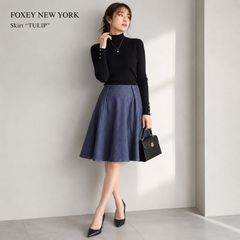 美品】FOXEY フォクシー ウールスカート38 グレー ビジュー カシミヤ混