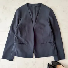 a0046 美品✨《ミワク》Me WORK 360°キレイ 2Wayストレッチノーカラージャケット ノーカラー テーラードジャケット 春夏背抜き ウォッシャブル 濃紺 Lのサムネイル