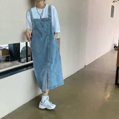 デニムジャンパースカート デニムサロペット スカート ワンピース   体型カバー デニムワンピース   デニム ポケット付き オールインワン カジュアル レイヤード レディース 無地重ね着 着回し スリット