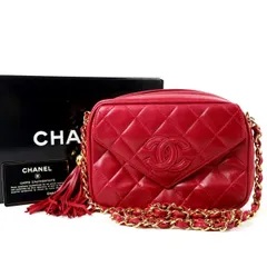 【超美品】CHANEL シャネル ラムスキン マトラッセ ココマーク フリンジ チェーンショルダーバッグ レッド【HJ79】