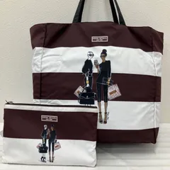 3132　Henri Bendel　ヘンリベンデル　 トートバッグ　リバーシブル　エコバッグ　 イラスト　ボーダー　ブラウン×ホワイト系　 ナイロン　軽量　タグ付き　レディースのサムネイル