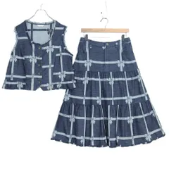 【美品】ピンクハウス★ジャガードデニムのセット 前開きベスト&ギャザースカート 大きいサイズL 濃紺系 リボンpt♪2024年 z20374