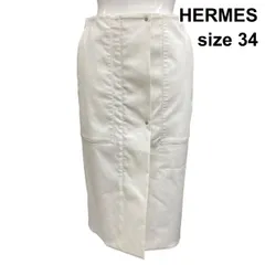 ●□ エルメス HERMES タイトスカート ひざ丈 ペンシル 前スリット ストレッチ 裏地付き 白 綿混 34 S～M レディース Z6C495のサムネイル