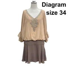 ◇ ダイアグラム Diagram ミニワンピース 長袖 Vネック ドッキング ブラウジング ベージュ ブラウン シルク 34 XS 5号 レディース Z6C497のサムネイル