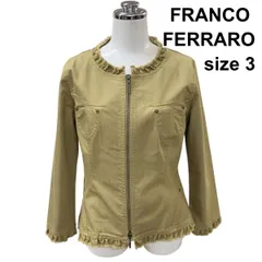 ◇ フランコフェラーロ FRANCO FERRARO ノーカラージャケット 七分袖 ダブルジップ フリル使い カーキ 綿混 3 M～L 9号 レディース Z6C169のサムネイル