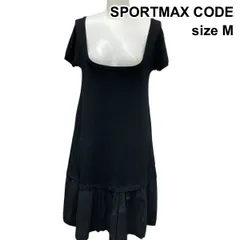 ◇ スポーツマックスコード SPORTMAX CODE フリルワンピース 深スクエアネック 半袖 膝丈 異素材ドッキング 黒 麻混 M 9 レディース Z6C924のサムネイル