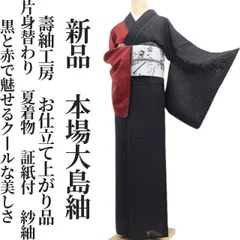❁tomihisa❁新品 紗紬 壽紬工房 お仕立て上がり品 片身替わり 夏着物 仕付け糸付 証紙付“黒と赤で魅せるクールな美しさ”本場大島紬 8647