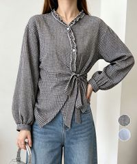 블라우스 여성 긴팔 깅엄 체크 허리 리본 V 넥 프릴 체형 커버 봄 여름 가을 블랙 블루 무료 배송