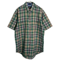 90年代 CHAPS Ralph Lauren チャップス ラルフローレン ボタンダウン 半袖シャツ マドラスチェック グリーン(メンズ L)中古 古着 Y1789