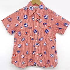 A BATHING APE アベイシングエイプ 半袖シャツ 総柄 ストライプ ロゴプリント レッド XSサイズ レディース※中古のサムネイル