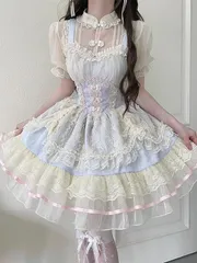 ロリータ JSK 吊りスカート ワンピース レディースドレス Lolita 甘ロリ ゆめかわいい レース フリル 中華飾りボタン 姫系 森ガール マルチレイヤーチュール A ライン 学園祭 文化祭 お嬢様 春 夏 秋 冬 [並行輸入品]