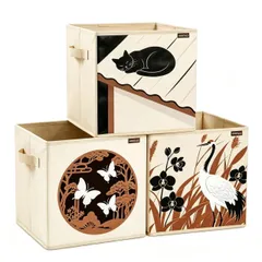 折りたたみ 和柄 3点セット 猫 蝶 鶴デザイン収納 衣類収納 収納ボックス おもちゃ収納 小物整理 クローゼット 玄関 FRALOSHA 書斎 台所 マルチ収納 (L)
