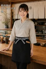 VIWO 帆前掛け エプロン ブラック 両ポケット 和風 飲食店 居酒屋 カフェ ワークエプロン 男女兼用のサムネイル