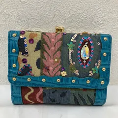 1678　Think Bee!　シンクビー！　美品　リッピ　財布　二つ折り財布　折り財布　ブルー　クロコ型押し　レザー　ゴブラン織り　スパンコール　ビーズ　ビーズ刺繍　レディースのサムネイル