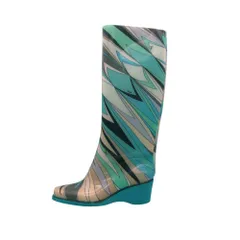 Emilio Pucci エミリオプッチ ブーツ プッチ柄 総柄 レインブーツ 長靴 ウェッジソール シューズ グリーン系 35 22.5cm レディース 【中古】