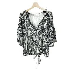 ダイアンフォンファステンバーグ DIANE von FURSTENBERG シルク ブラウス シャツ 総柄 Vネック 七分袖 半端袖 2 ホワイト ブラック ■FYのサムネイル