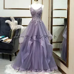 人気商品 新品 優雅なレース刺繍パープルイブニングドレス ラベンダーチュール