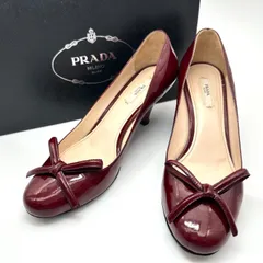 【B5443】 PRADA プラダ パンプス エナメル リボン ウエッジソール ラウンドトゥ ミドルヒール イタリア製 レディース 箱付きのサムネイル