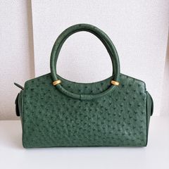 ☆値下☆筒形希少＊本革オーストリッチレザー グリーンハンドバッグ 