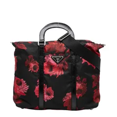プラダ フラワー 花柄 ハンドバッグ ショルダーバッグ 2WAY ブラック レッド ナイロン パテントレザー レディース PRADA【1-0272129】