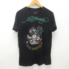 g■エドハーディー/EDHARDY ラインストーン/Tシャツ コットン【S】黒/men's/14【中古】■