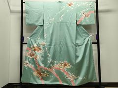 訪問着 単衣仕立て 正絹綸子 薄緑地に金箔の扇柄に吉祥花の友禅絵羽 