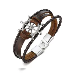 【新品】 Rockyu ジュエリー ブランド 人気 ブレスレット ステンレス 本革 メンズ ブラウン 船の舵 三連 編み込み メンズブレスレット ヨーロピアン 新学期 プレゼント 0