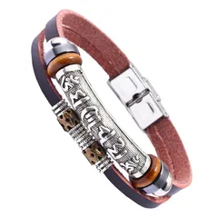 【新品】 [ワン リミテーション] ブレスレット 彫刻 ボヘミアン エスニック レザー 民族 アクセサリー メンズ AN184(ブラウン,21.5cm) 0