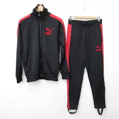 プーマ PUMA T7 スポーツウエア ジャージ 上下セット 長袖 ジップアップ スタンドカラー バイカラー パンツ ロング 黒 赤 ブラック レッド M