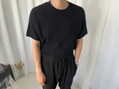 メンズ リネン ニット ブラック ラウンドのサムネイル