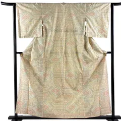 紬 身丈157.5cm 裄丈63cm S 袷 花菱 幾何学模様 ベージュ 正絹 優品 【中古】
