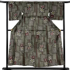 浴衣 身丈151cm 裄丈65cm M 絞り浴衣 草花 幾何学 茶緑色 綿 名品 【中古】