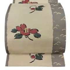 袋帯 名品 木屋太 落款 椿 芝 ベージュ 六通 正絹 【中古】のサムネイル