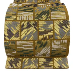 【美品】 袋帯 名品 幾何学模様 金糸 黄土色 六通 正絹 【中古】