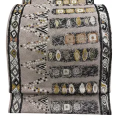 【美品】 袋帯 名品 幾何学模様 灰紫 六通 正絹 【中古】