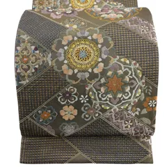【美品】 袋帯 逸品 向かい鳥 華文 金銀糸 刺繍 黒灰 六通 正絹 【中古】