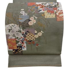 名古屋帯 秀品 紬地 草花 霞 相良刺繍 灰緑 正絹 秀品 名古屋