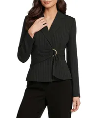 ダナキャラン レディース アウター コート ジャケット Donna Karan Coordinating Pinstripe Notch Lapel DRing Belted Jacket Blackのサムネイル