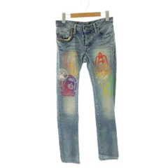 ヒステリックグラマー HYSTERIC GLAMOUR スタッズ  プリント スキニーデニムパンツ ジーンズ スリム ボタンフライ XXS ライトブルー /HS ■OS