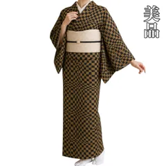 #J873 美品 紬きもの 市松 正絹 和装 和服 モダン お洒落 着物のサムネイル